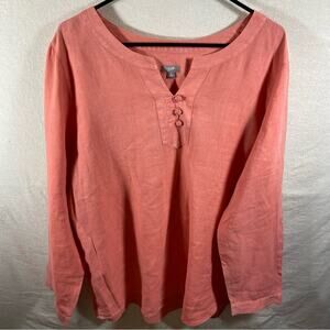 J Jill Linen Tunic Blouse Size XL coral Color Long Sleeves lagenlook